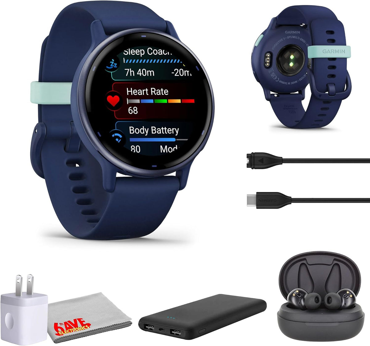 Garmin Vivoactive 5, Health and Fitness GPS Smartwatch for Women and Men, Metallic Navy Bezel w/Navy Case and Silicone Band, 11 Days Battery Life, 1.2” AMOLED Touchscreen Display (Bundle)