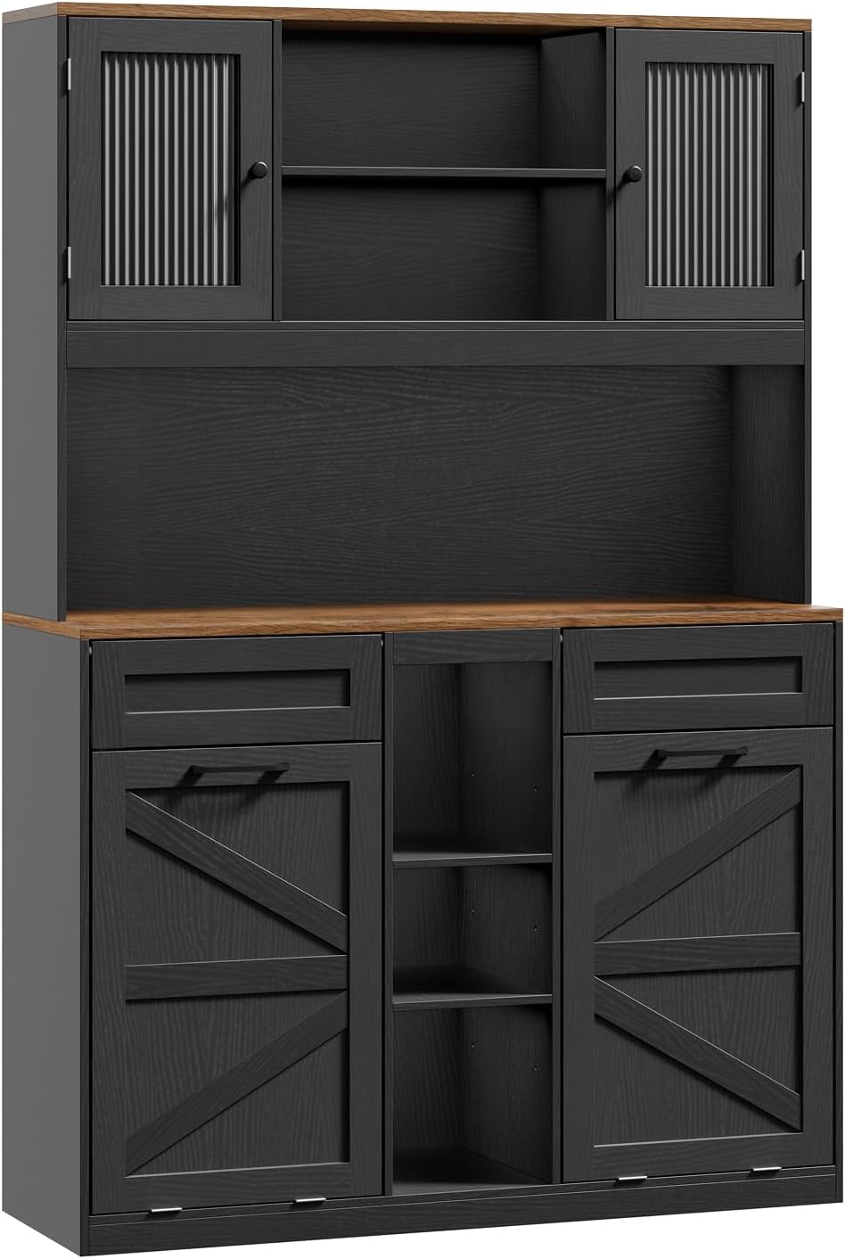 Tall Tilt-Out Double Laundry Hamper Cabinet with 2x11-Gallon Laundry Basket, Trash Bin Cabinet with Fluted Glass Doors, Farmhouse Wooden Bathroom Storage with Push Doors, Black and Walnut