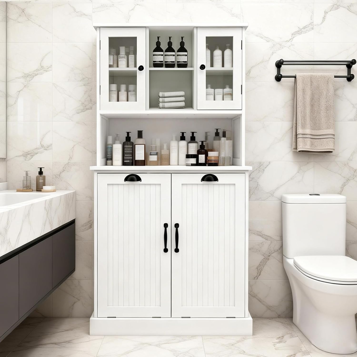 Tilt-Out Laundry Hamper Cabinet, 60-inch Tall Bathroom Cabinet with 2 Large Pull-Out Laundry Baskets, Glass Doors, and 2 Adjustable Shelves, Bathroom Organizer Cabinet for Laundry and Balcony, White