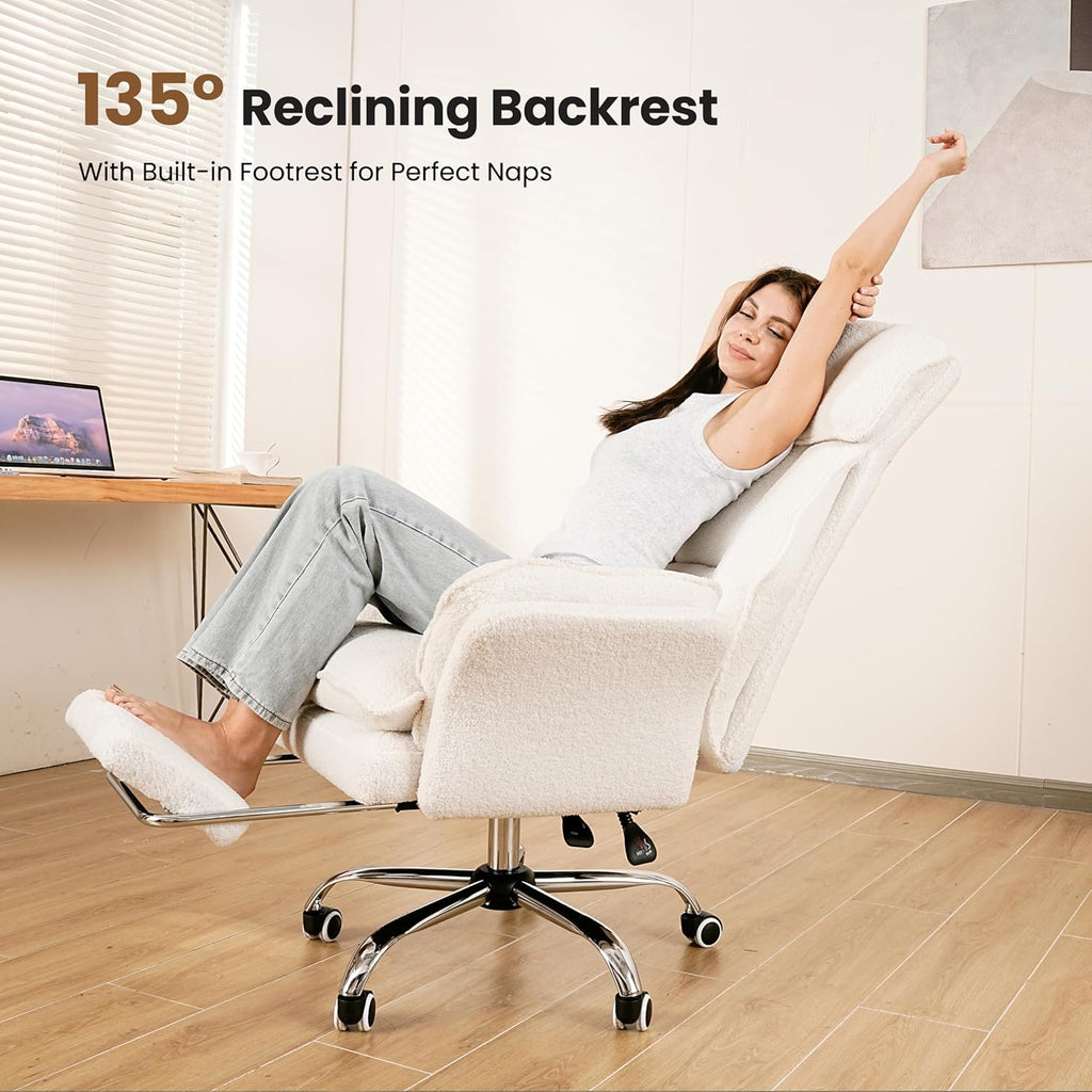 Big and Tall Office Chair, Flip Armrests for Pets & Cross Legged Sitting, Executive Ergonomic Computer Gaming Chair with Foot Rest, Teddy Fleece Wide Seat Reclining Desk Chair, White Vanity Chair