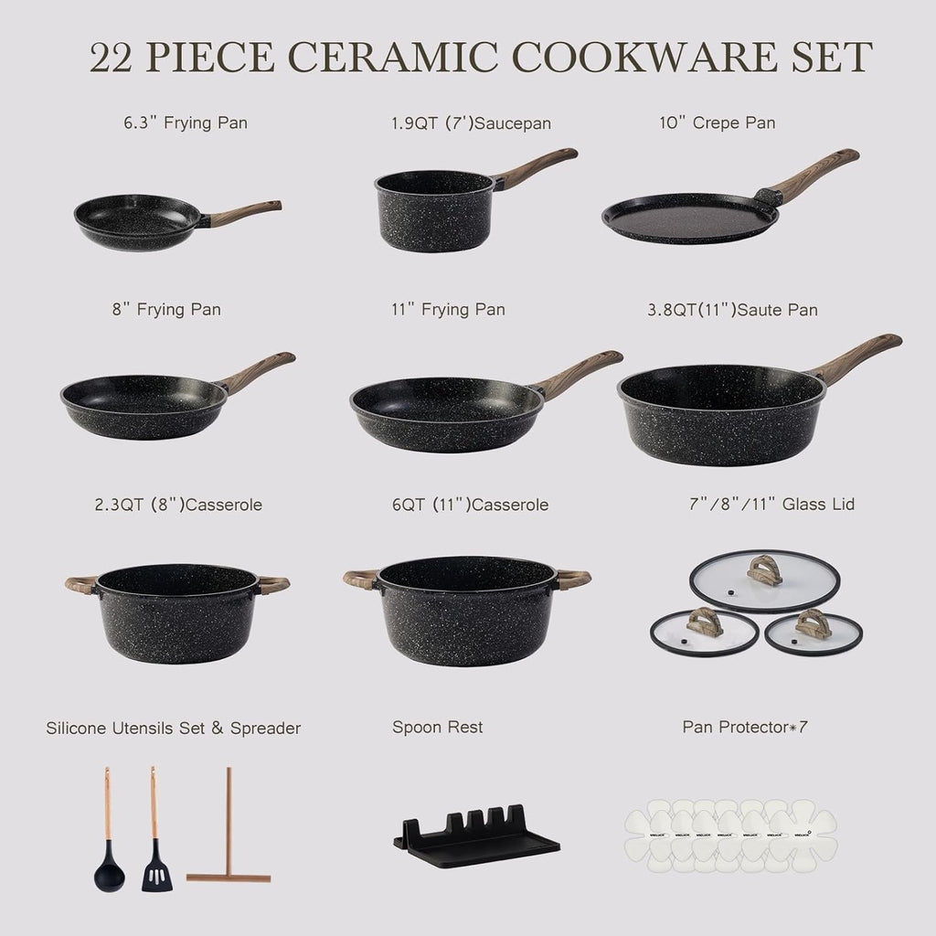 USELUCK Ceramic Cookware Set 22 Piece Nonstick Pots and Pans Set Non Stick Kitchen Cooking Sets 8"Frying Pans with Lid,Black Granite Non-Toxic Induction Kitchen Cookware w/Glass Lids PFOS/PFOA-Free