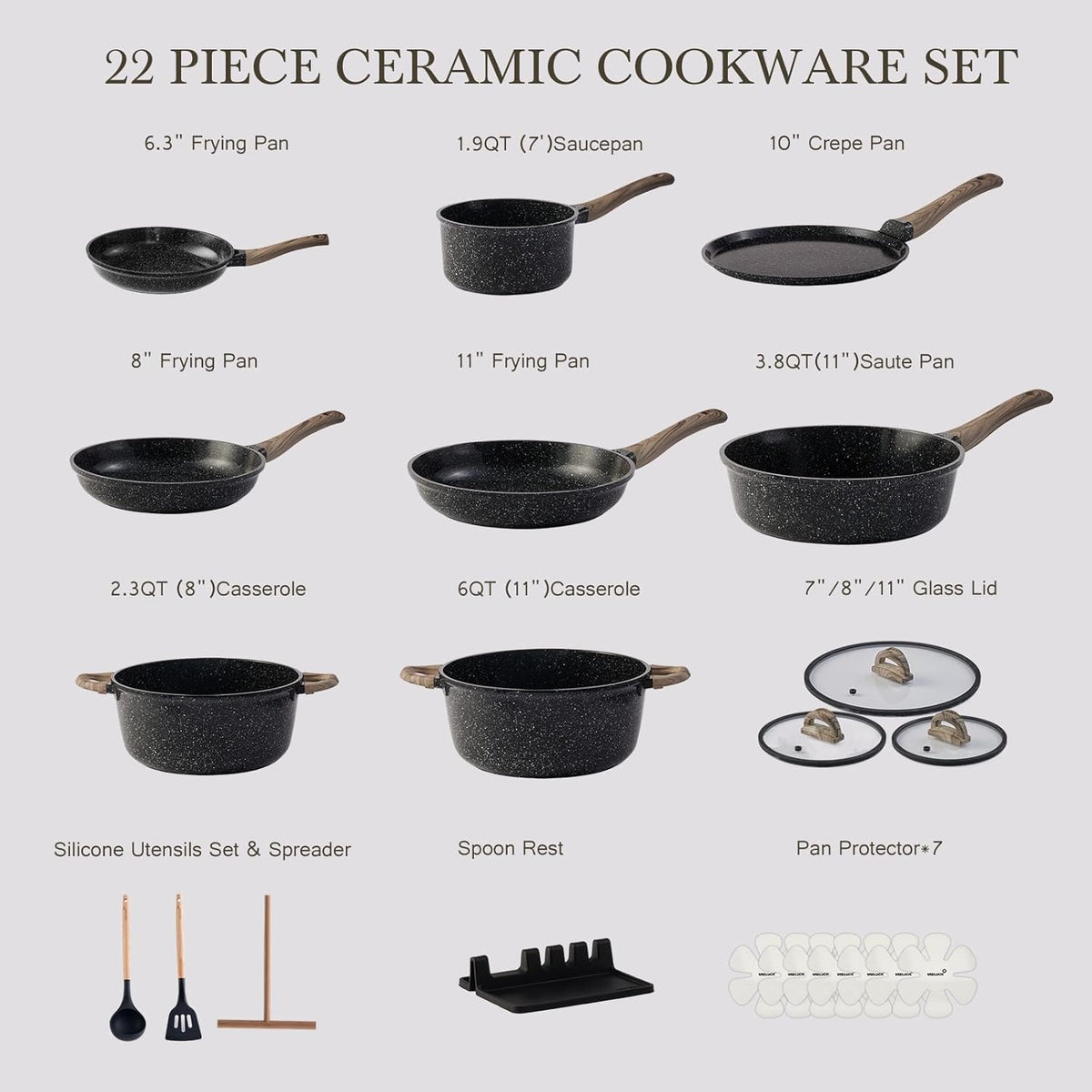USELUCK Ceramic Cookware Set 22 Piece Nonstick Pots and Pans Set Non Stick Kitchen Cooking Sets 8"Frying Pans with Lid,Black Granite Non-Toxic Induction Kitchen Cookware w/Glass Lids PFOS/PFOA-Free