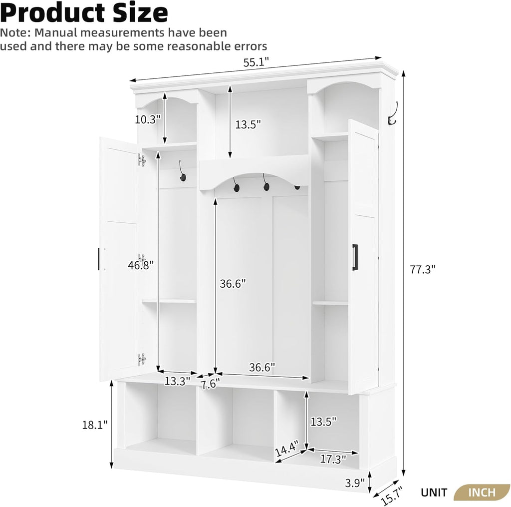 Modern All-in-One Hall Tree with Adjustable Shelves, Classic Arched Farmhouse Storage Bench with Dual Side Cabinets, Elegant Entryway Organizer with 7 Hooks for Mudroom, Hallway, White
