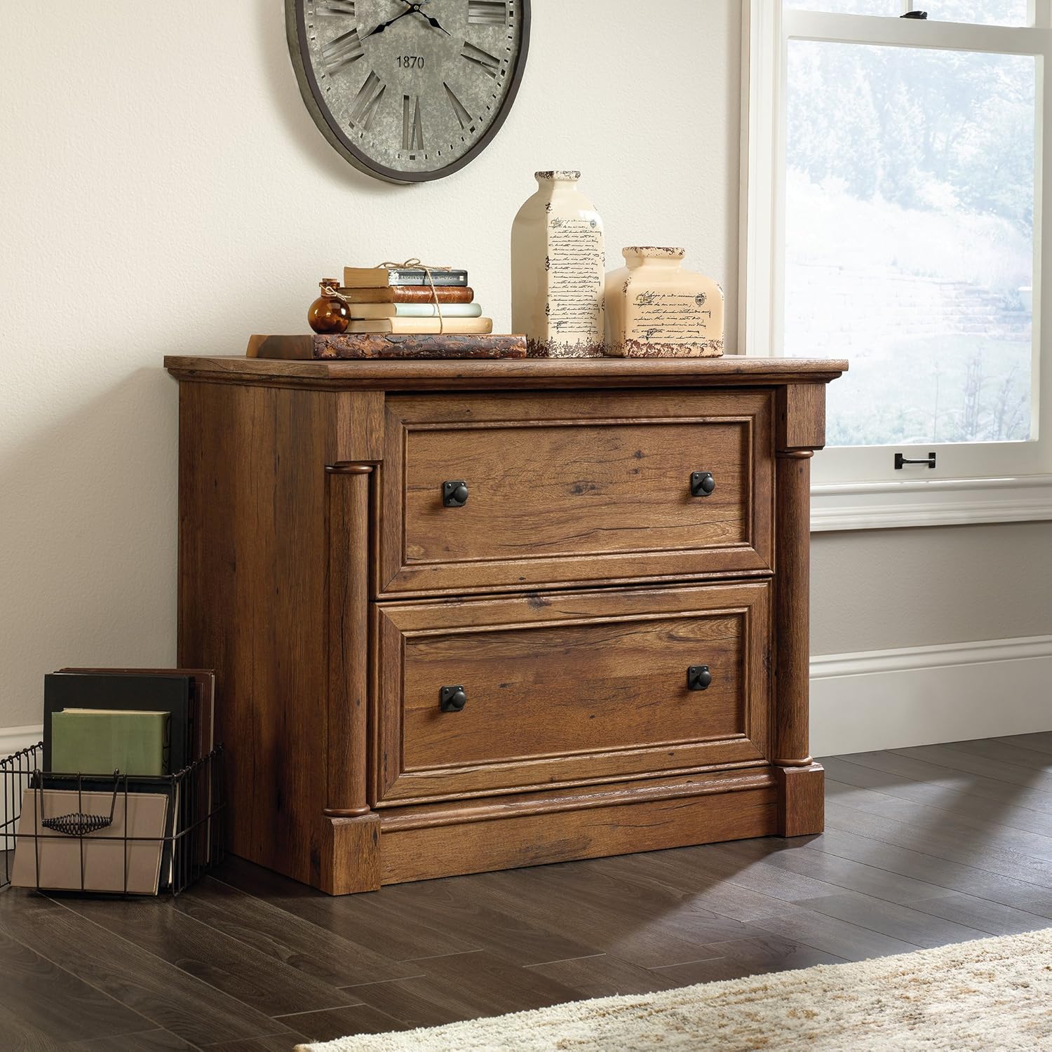 Sauder Palladia 2 Drawer File Cabinet, Lateral Filing Cabinets for Home Office, Hanging File Folders Organizer, Interlocking Drawers, in Vintage Oak Finish