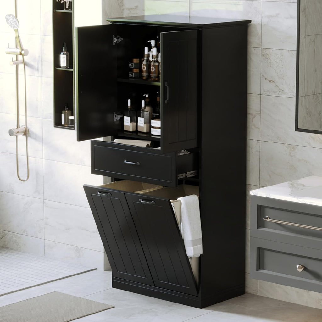 Virubi Tall Laundry Cabinet with 2 Tilt Out Laundry Hamper, Modern Wood Bathroom Storage Cabinet with Drawers, Doors and Adjustable Shelves for Home, Freestanding