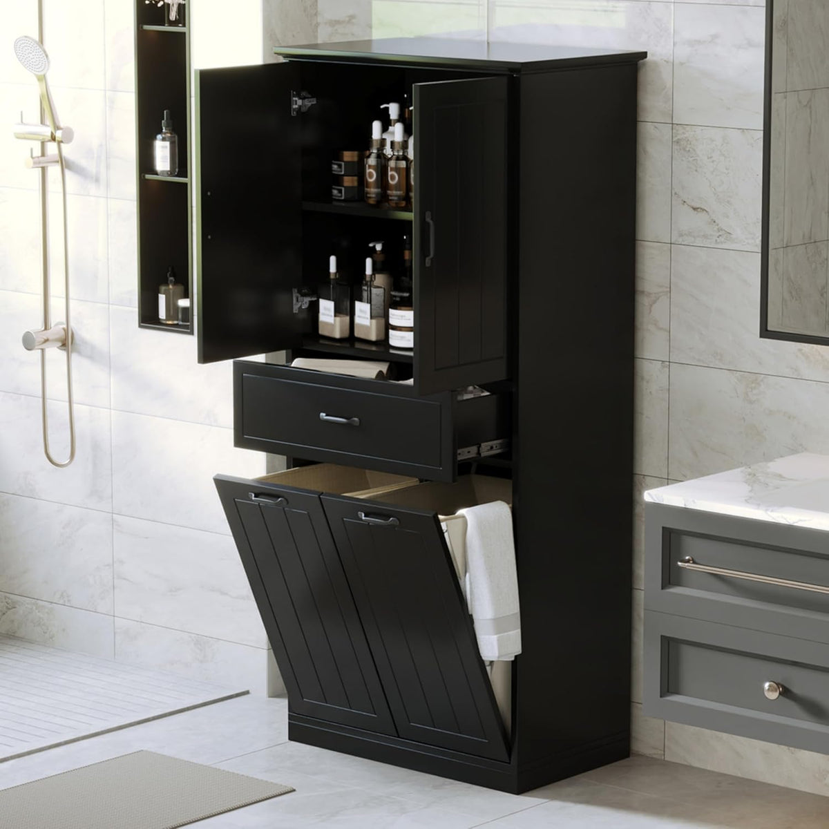 Virubi Tall Laundry Cabinet with 2 Tilt Out Laundry Hamper, Modern Wood Bathroom Storage Cabinet with Drawers, Doors and Adjustable Shelves for Home, Freestanding