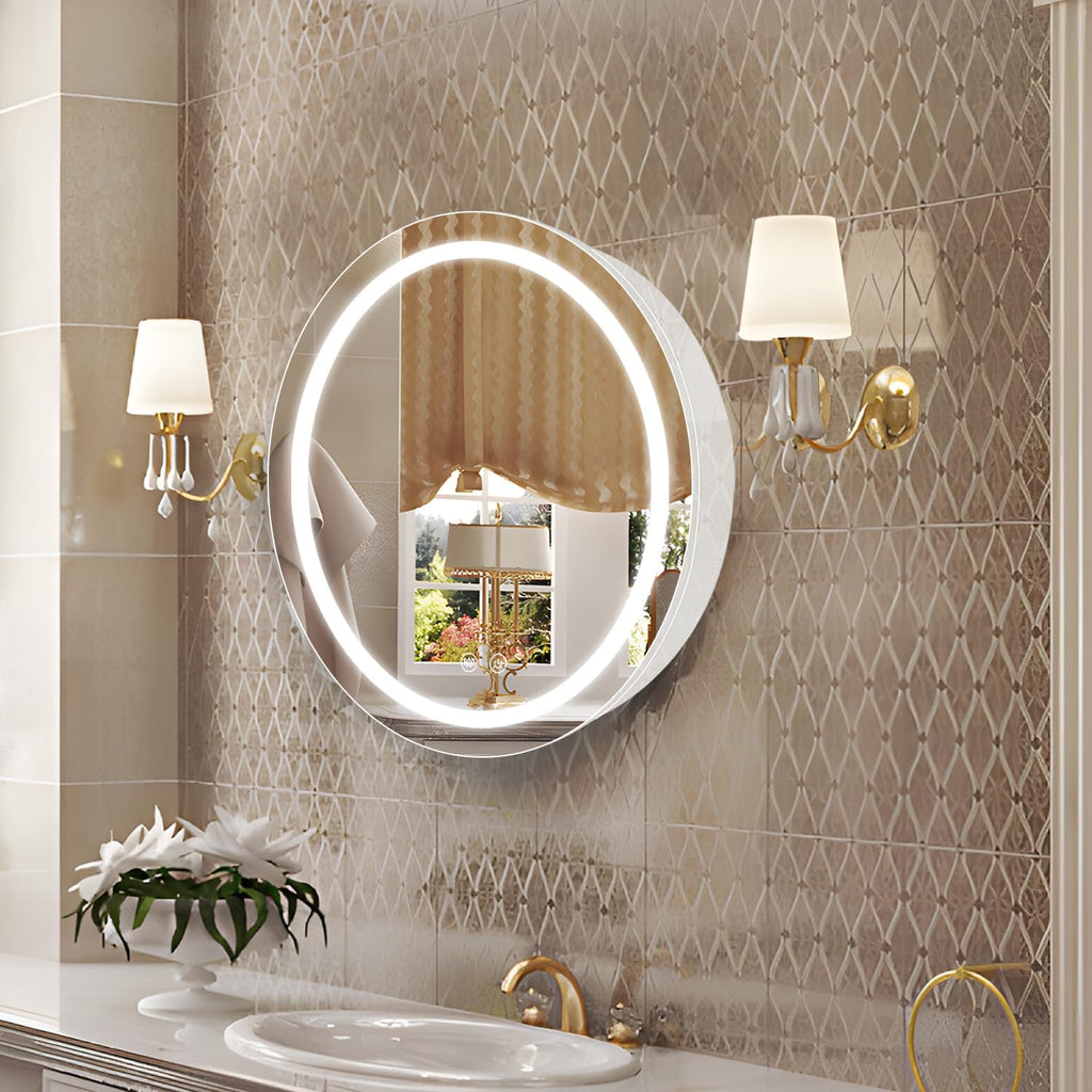 20inch Round Medicine Cabinet with Lights,Led Medicine Cabinet with Defogger,Illuminated Mirror Cabinet for Bathroom,Dimmable,Anti-Fog,3 Colors,Surface Mount Only,White