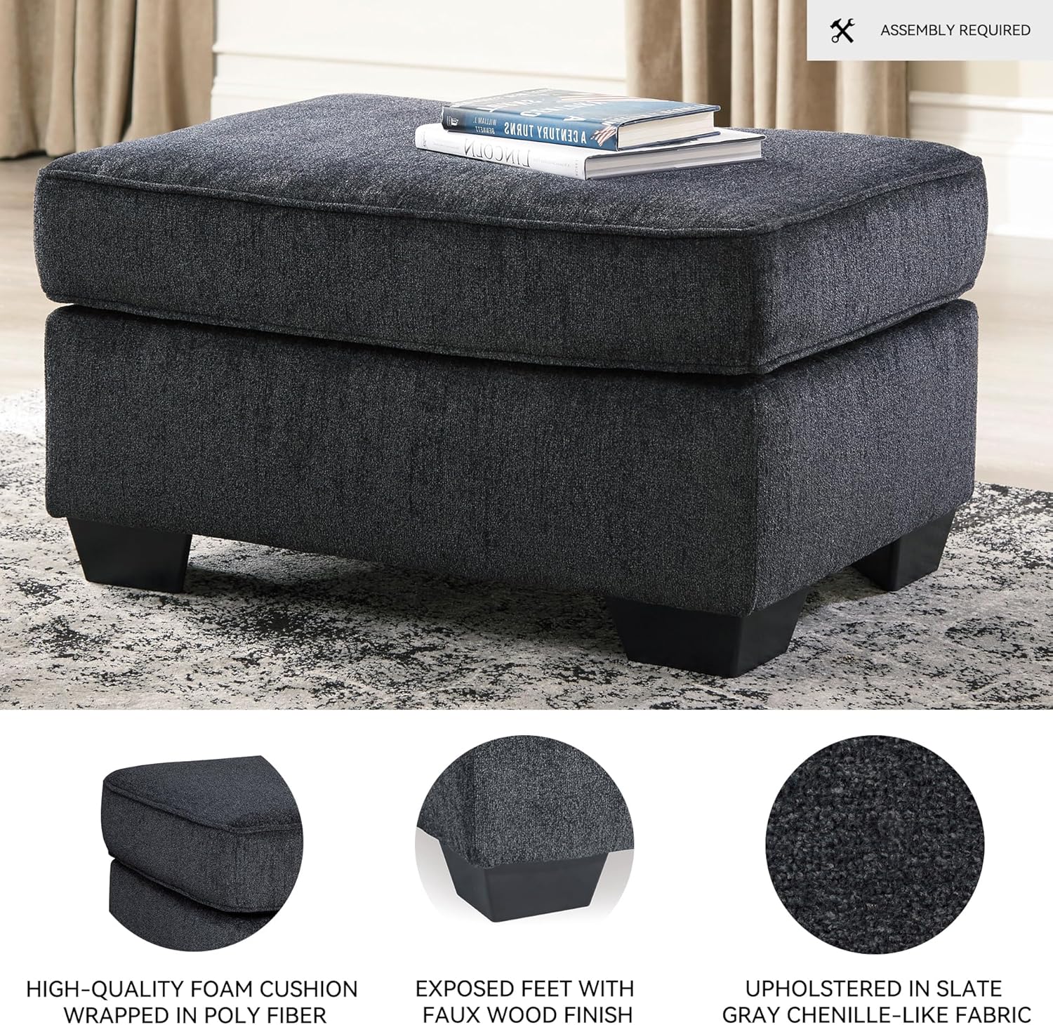 Signature Design by Ashley Altari Modern Rectangular Accent Ottoman, Dark Gray