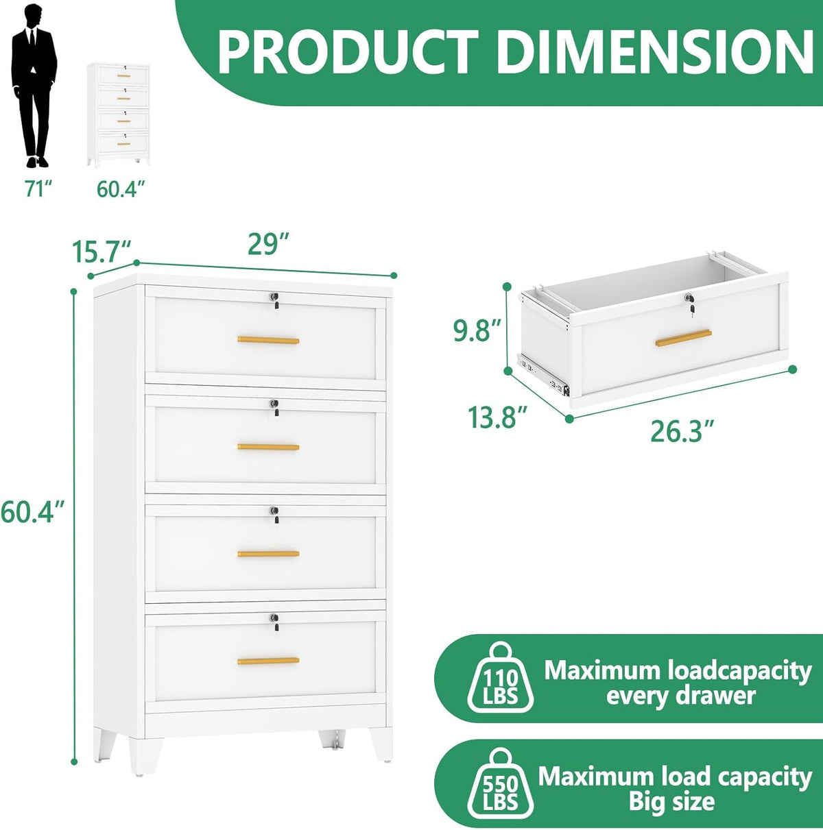 Metal Lateral File Cabinet with Lock,4 Drawer Steel Wide Filing Organization Storage Cabinets,Office Filing Cabinet for Legal/Letter/A4/F4 Size with Hanging Files&Key,Lockable Cabinets for Home Office