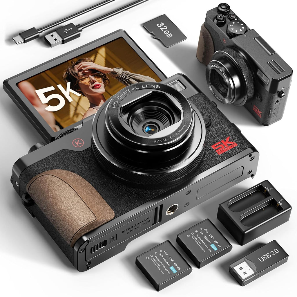 64MP Digital Cameras for Photography 5K - 18X Zoom Autofocus, 3” 180° Screen Flips, Anti-Shake, 32GB Card & 2 Batteries, Vlogging Camera for Travel YouTube NBDDIGITAL (Black)
