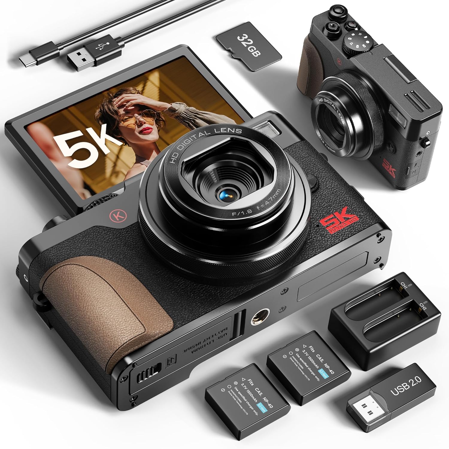64MP Digital Cameras for Photography 5K - 18X Zoom Autofocus, 3” 180° Screen Flips, Anti-Shake, 32GB Card & 2 Batteries, Vlogging Camera for Travel YouTube NBDDIGITAL (Black)