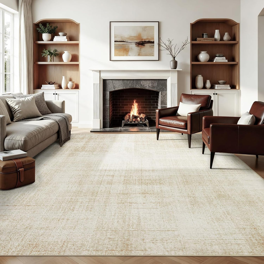 Joydeco 10x14 Area Rugs for Living Room, Non Slip Machine Washable Vintage Rug, Low Pile Chenille Print Rugs for Bedroom, Dining Room, Home Office, Pet & Child Friendly, Beige