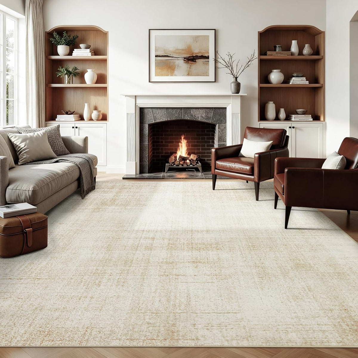 Joydeco 10x14 Area Rugs for Living Room, Non Slip Machine Washable Vintage Rug, Low Pile Chenille Print Rugs for Bedroom, Dining Room, Home Office, Pet & Child Friendly, Beige