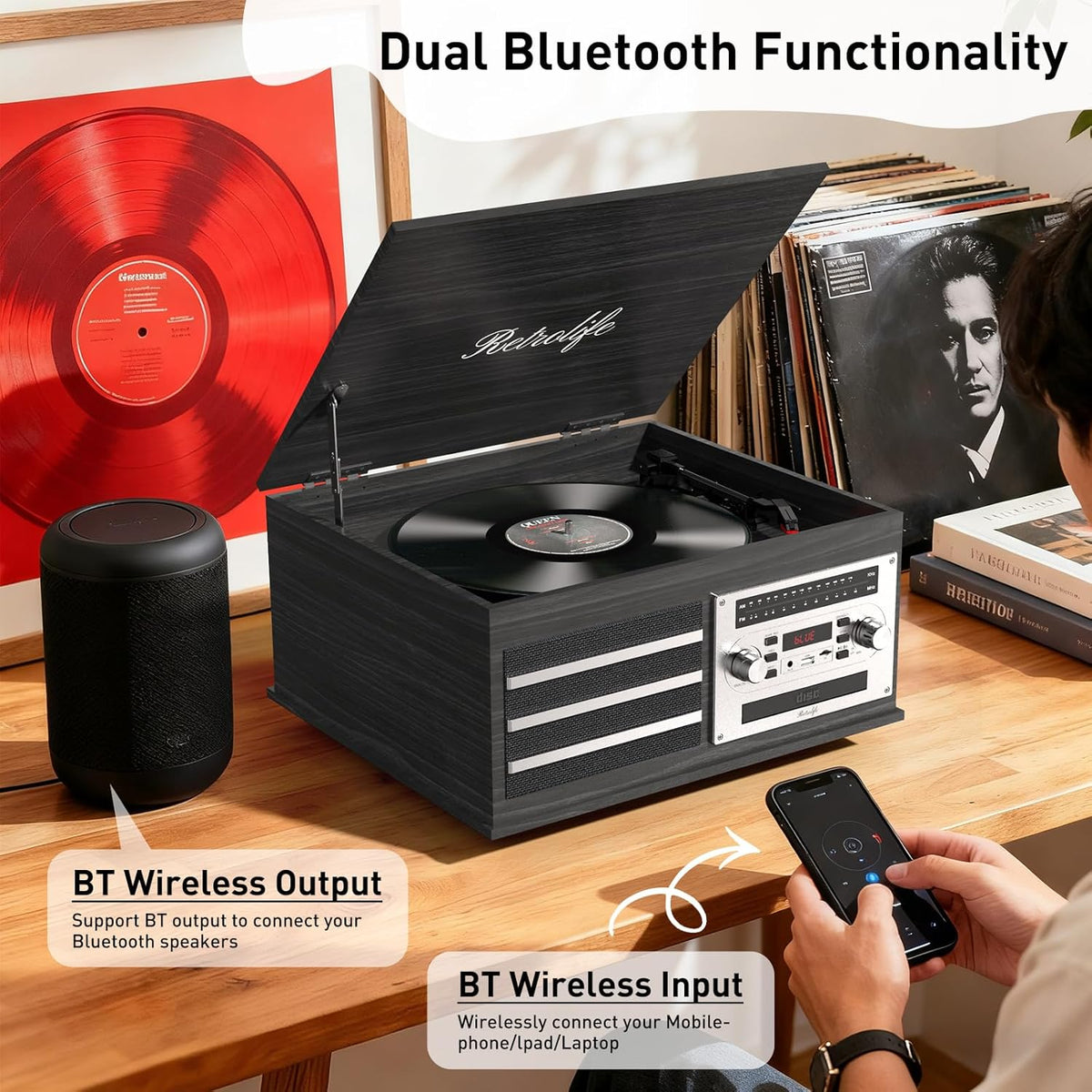 Vinyl Record Player 10-in-1 Music Center Turntable Built-in Speakers Support 3 Speed BT Wireless Input/Output AM/FM Radio CD Tape Cassette Player Aux RCA Auto Stop Vinyl Recording to USB/TF Card Black