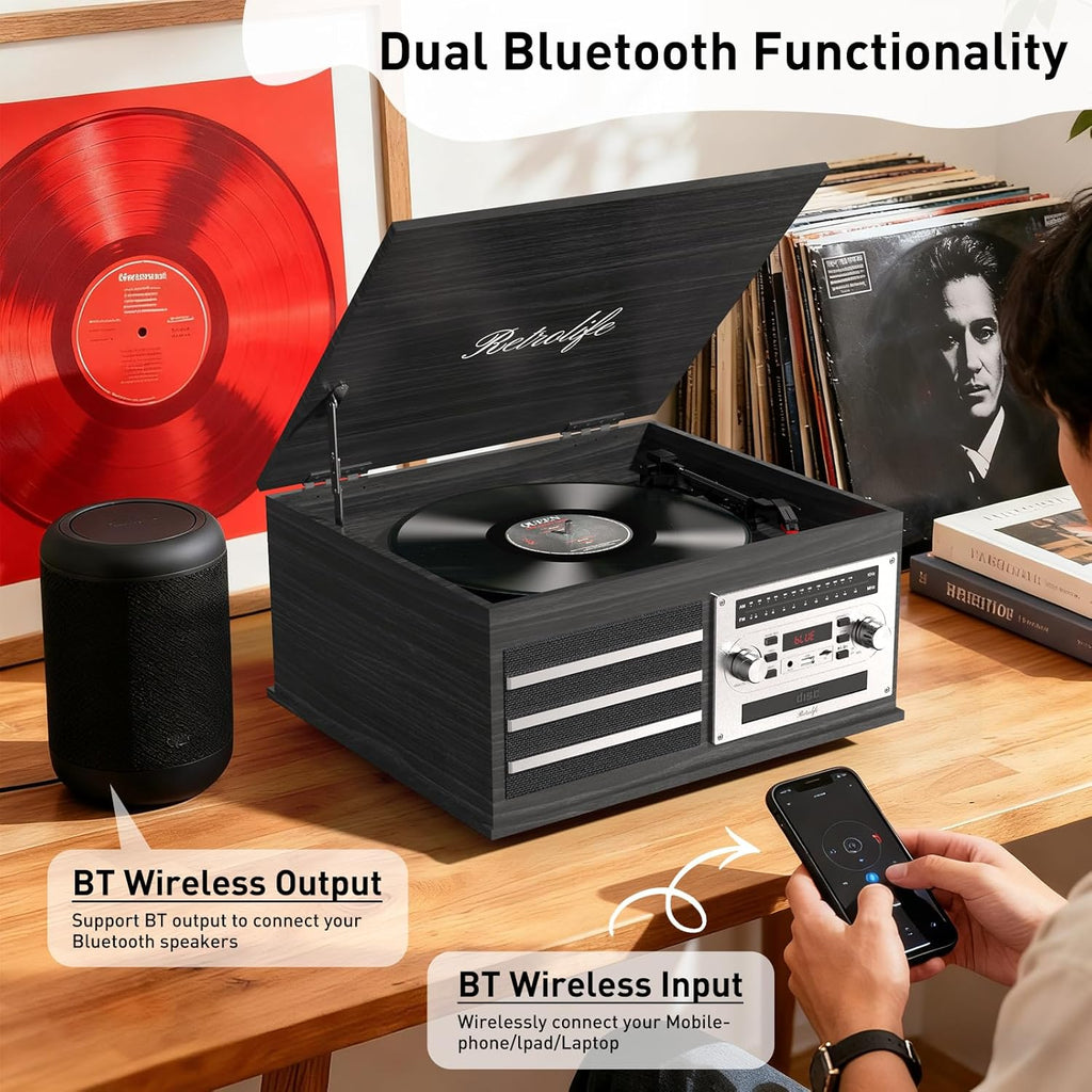 Vinyl Record Player 10-in-1 Music Center Turntable Built-in Speakers Support 3 Speed BT Wireless Input/Output AM/FM Radio CD Tape Cassette Player Aux RCA Auto Stop Vinyl Recording to USB/TF Card Black