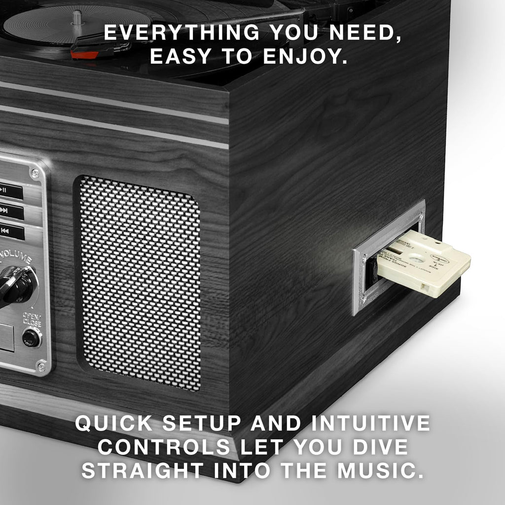 Victrola The Quincy 6-in-1 Bluetooth Record Player & Multimedia Center with Built-in Speakers – 3-Speed Turntable, CD & Cassette Player, FM Radio, Wireless Music Streaming (Espresso)