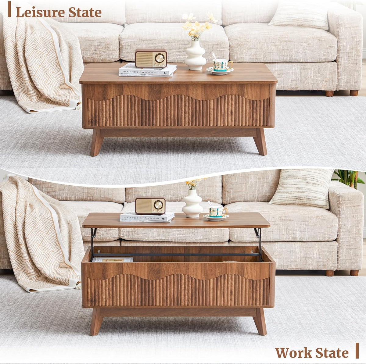 BERRYMERRY Fluted Wave TV Stand and Coffee Table Set of 2, Mid Century Modern Lift Top Coffee Table and Entertainment Center for Living Room (Walnut)