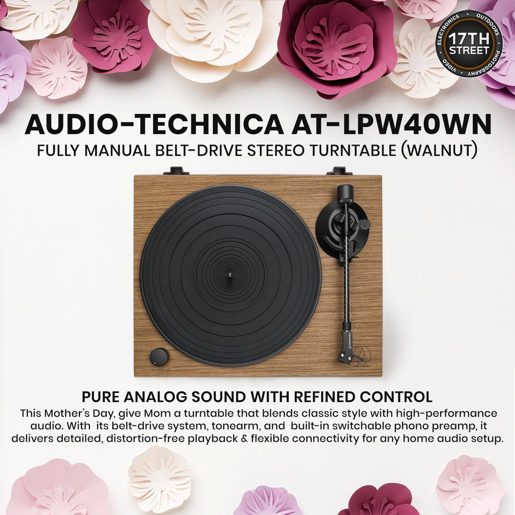 Audio-Technica AT-LPW40WN Fully Manual Belt-Drive Stereo Turntable (Walnut) with 4 Inch Powered Bookshelf Speakers (Pair), Premium Vinyl Record Cleaning Kit and Cork Turntable Platter Mat - Bundle Set