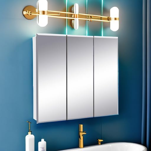 Design House Cyprus Bathroom Medicine Cabinet with Mirror, 25 Inch Recessed or Surface Mount Cabinet, 3 Frameless Mirrored Doors, 2 Shelves, White, Pre-Assembled, 597484