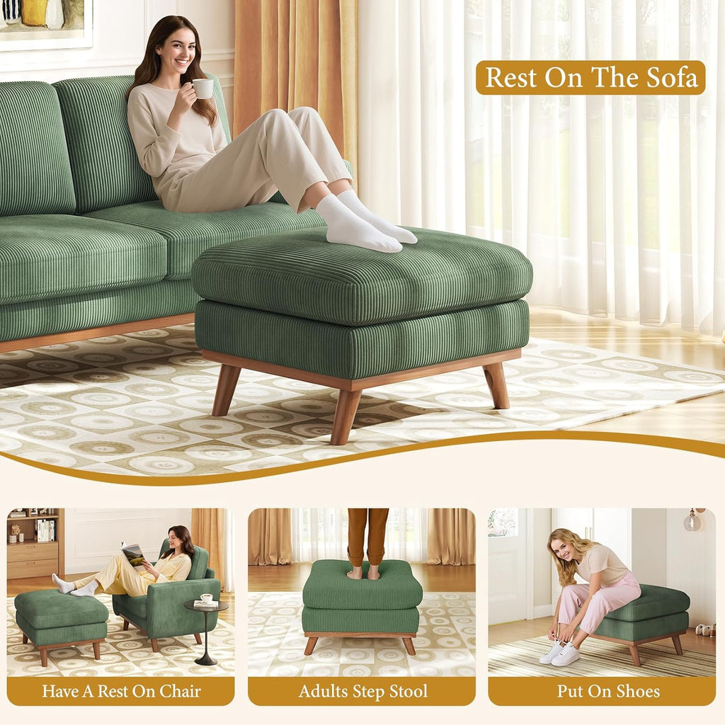 Vesgantti Large Ottoman for Modular Sofa, 29.5" Corduroy Pouf Ottoman with Spring Cushion, Rectangle Foot Rest for Couch, Entrance Footstool with Wood Legs, Footstool for Living Room, Bedroom, Green