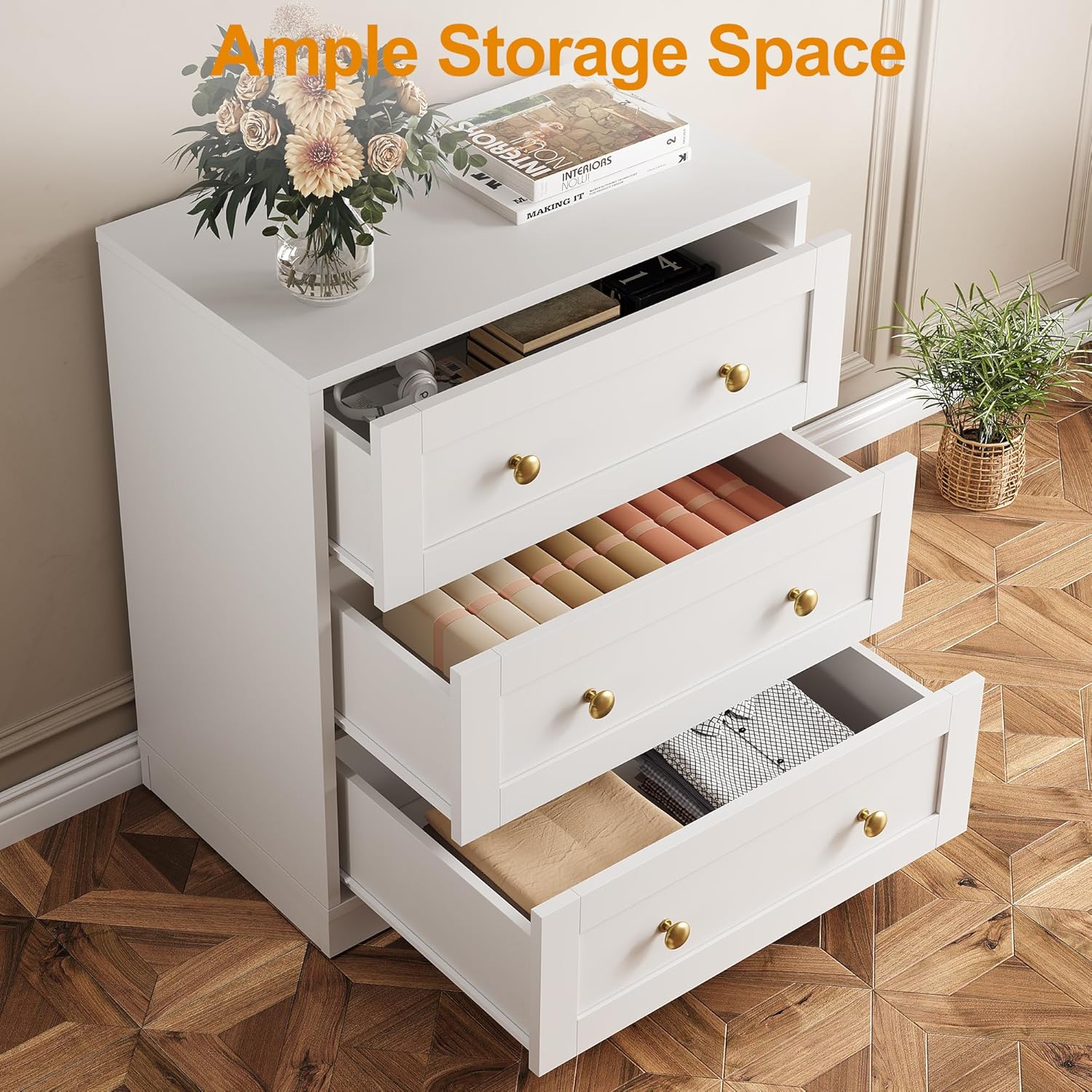 RoyalCraft White Nightstand with 3 Drawers Storage, Large Wood Night Stand for Bedroom, Modern Bedside Table, End Table for Hallway, Closet