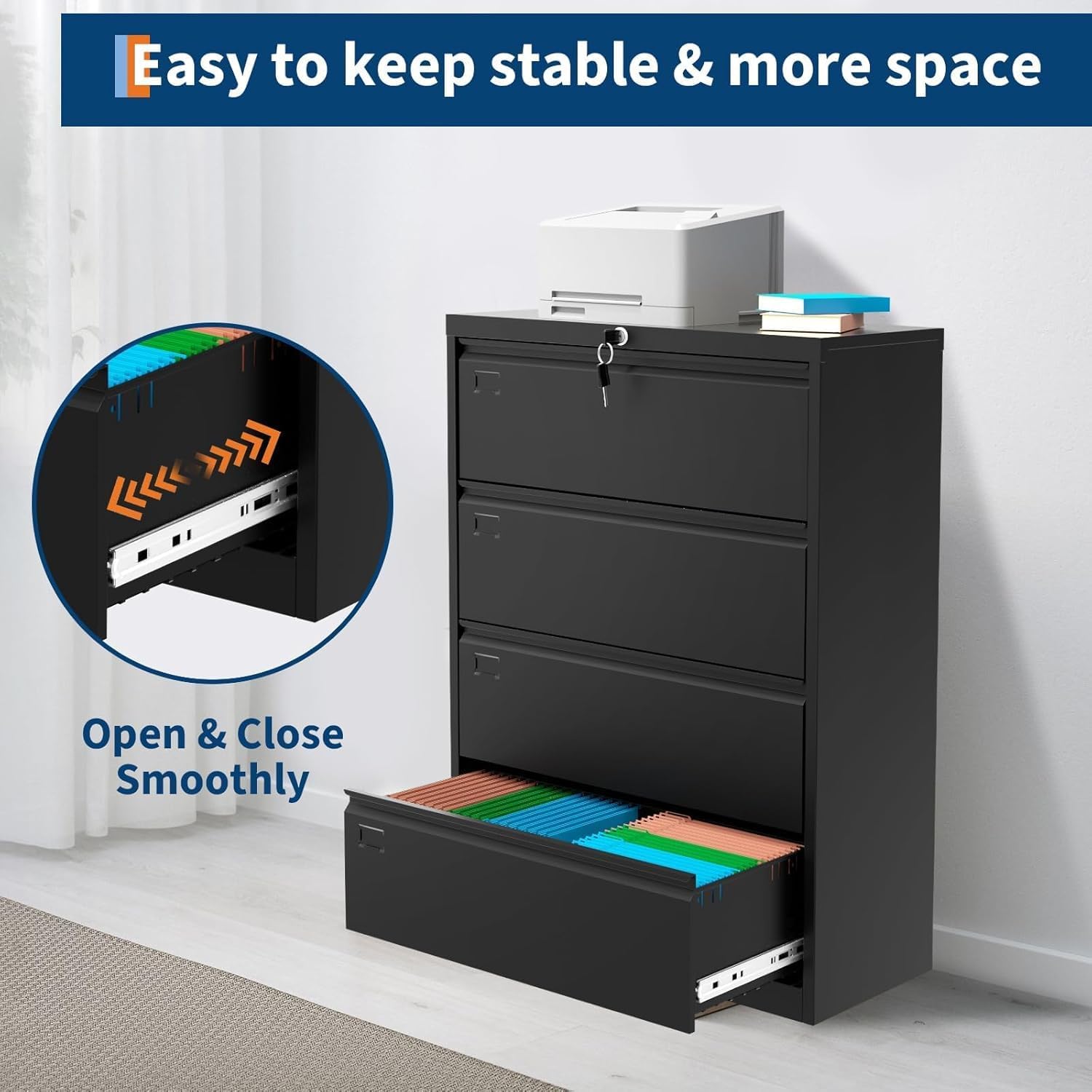 4-Drawer Metal File Cabinet with Lock, Lateral Filing Cabinet for Letter/Legal/A4 Size Documents, Heavy Duty Lockable File Storage Cabinet for Home Office