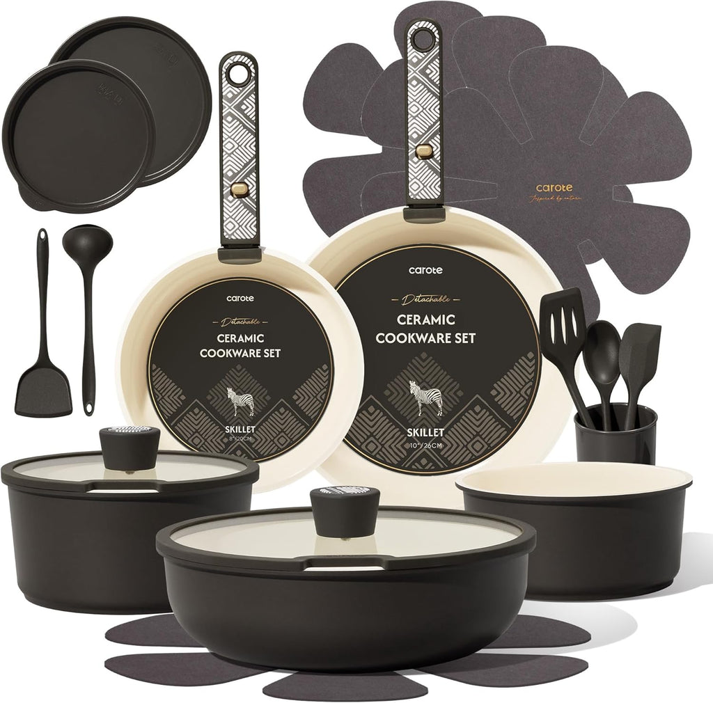 CAROTE 21-Piece Ceramic Cookware Set, Nonstick Pots and Pans Set with Detachable Handle, Non-Toxic Kitchen Cooking Set, Induction Compatible, Dishwasher & Oven Safe, Charcoal