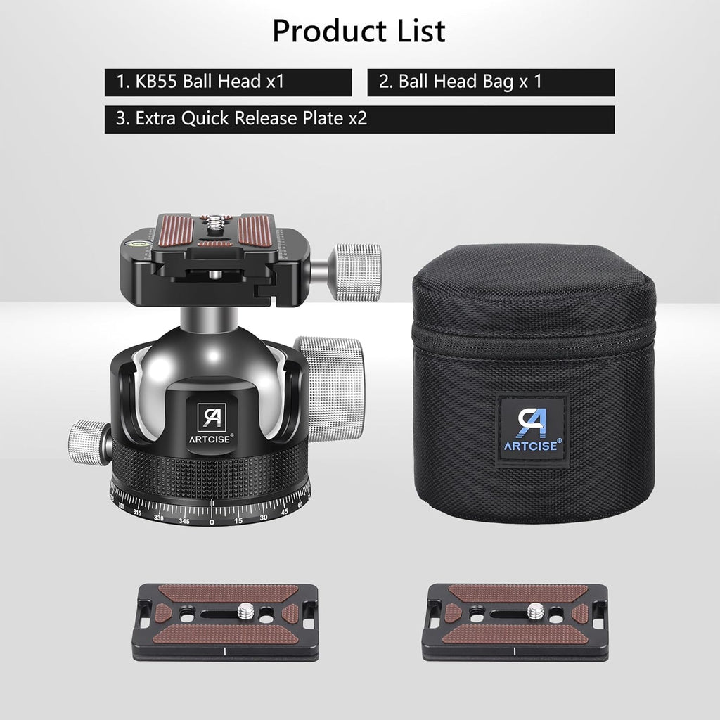 55mm Low Profile Ball Head Tripod Ball Head ARTCISE KB55 Heavy Duty Tripod Head All Metal CNC Machining with Three 1/4" Quick Release Plates for Tripod, Monopod, DSLR, Camcorder, Max Load 88lbs /40kg