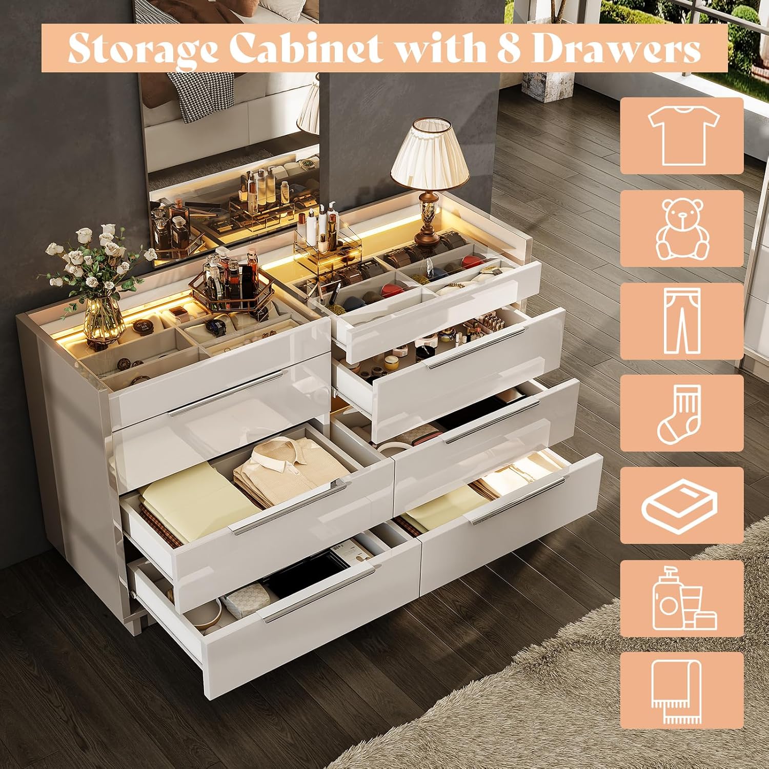 AMERLIFE 47.2" 8 Drawer Dresser with LED Light, Modern High Gloss Chest of Drawers with Glass Tabletop & 2 Six-Grid Jewelry Drawers, for Bedroom, Living Room, Dressing Room, Cream & Grey