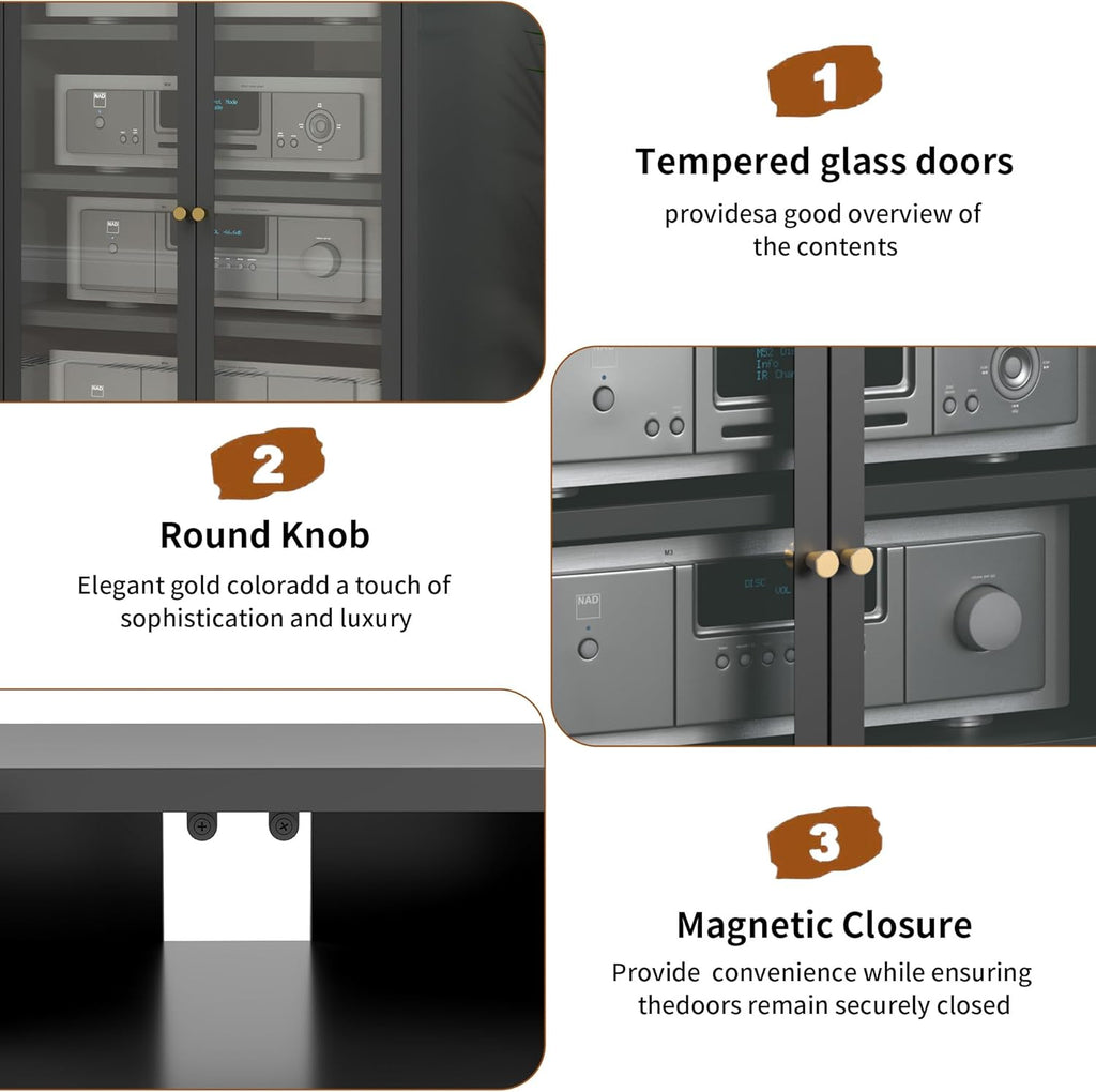 Heavy Duty 4-Tier Media Cabinet, Audio-Video Media Stand with Tempered Glass Doors, Metal Stereo Cabinets with 3 Adjustable Shelves, Storage Cabinet for Entertainment Stereo Component