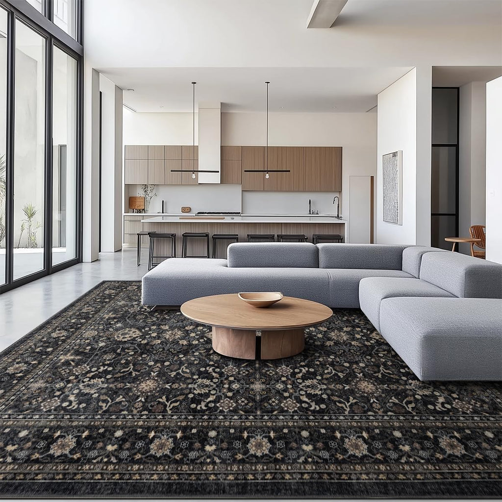 Ruaruarug Washable 10x14 Area Rug for Living Room, Bedroom, Ultra Soft Non Slip Stain & Fade Resistant, Pet & Kids Friendly, Suitable for High Traffic Areas Easy to Clean for Kitchen, Black Grey