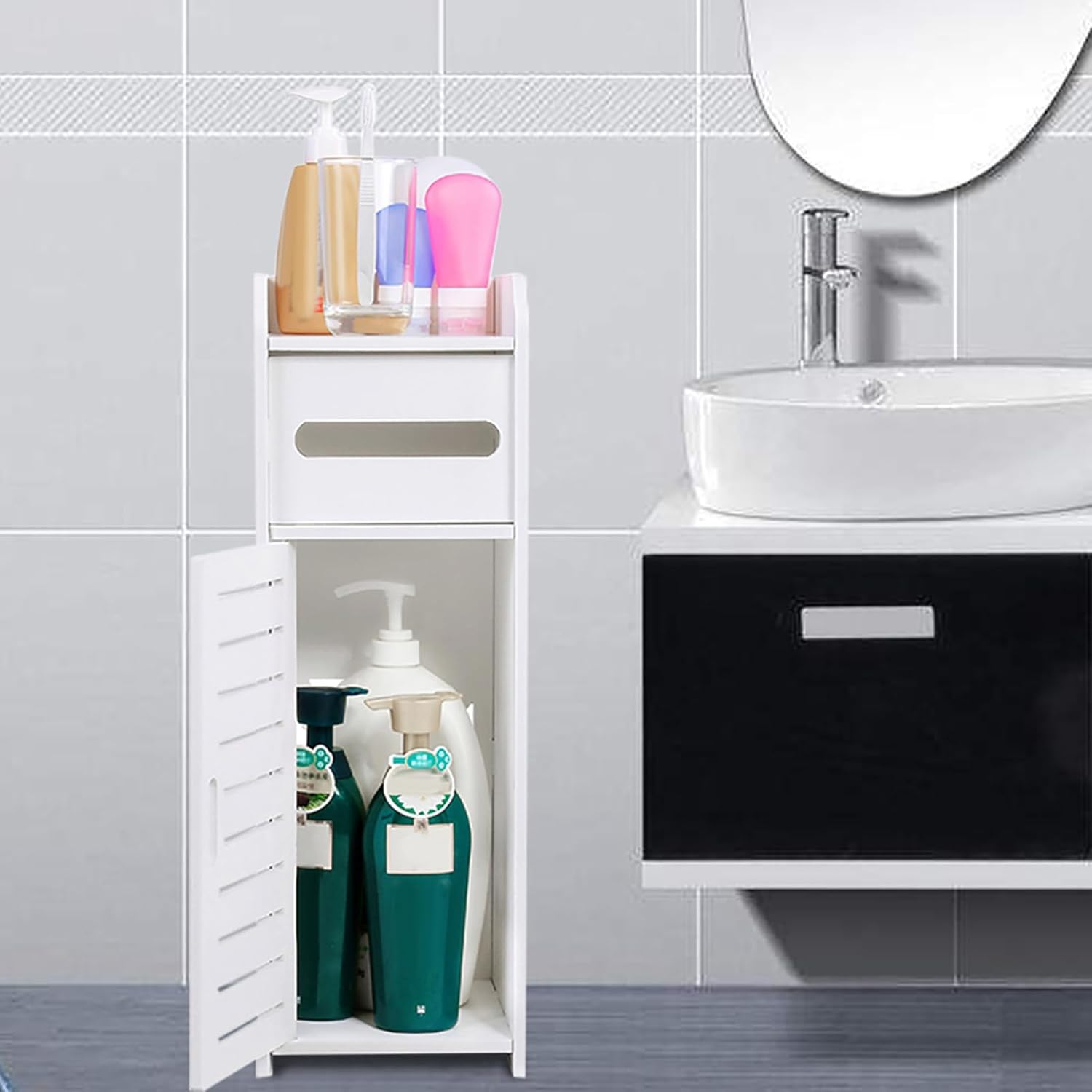 Tnfeeon Bathroom Floor Cabinet, 2Pcs PVC Side Storage Organizer Freestanding Entryway Storage Unit Console Table Space Saver Organizer Bathroom Furniture Home Decor White