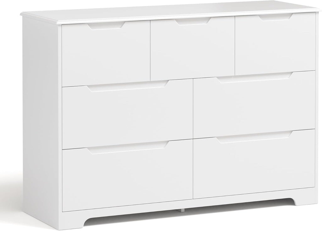 Gizoon 7 Drawer Dresser, 48" Wide White Dresser for Bedroom, Chest of Drawers with Handle Free Design, Modern Storage Organizer for Living Room, Kids Room, Entryway, Hallway, White