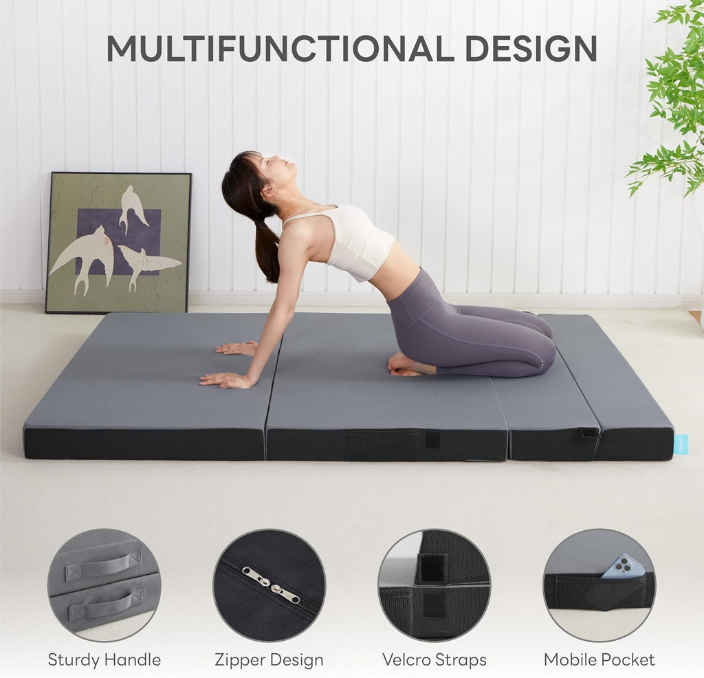 LIKIMIO Folding Mattress Full, High Density Foam Mattress with Breathable and Washable Cover & Storage Bag, 4 Inch Foldable Mat Topper for Camping, RV and Yoga, Handle Design, Gray