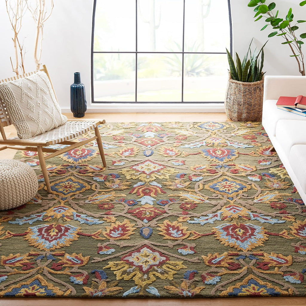 SAFAVIEH Blossom Collection Area Rug - 9' x 12', Green & Multi, Handmade Wool, Ideal for High Traffic Areas in Living Room, Bedroom (BLM402B)
