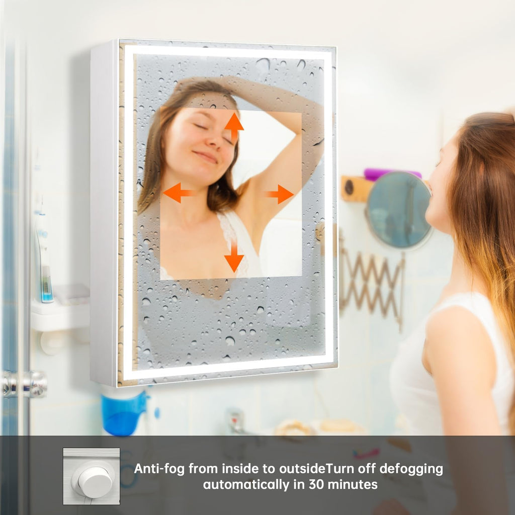 28 x20Inch LED Medicine Cabinet Mirror with Lights for Bathroom,Defogger,Stepless Dimmable, 3000K/5500K Color Temperature Wall Mounted Makeup Mirror,Adjustable Shelf (Assembly Required)