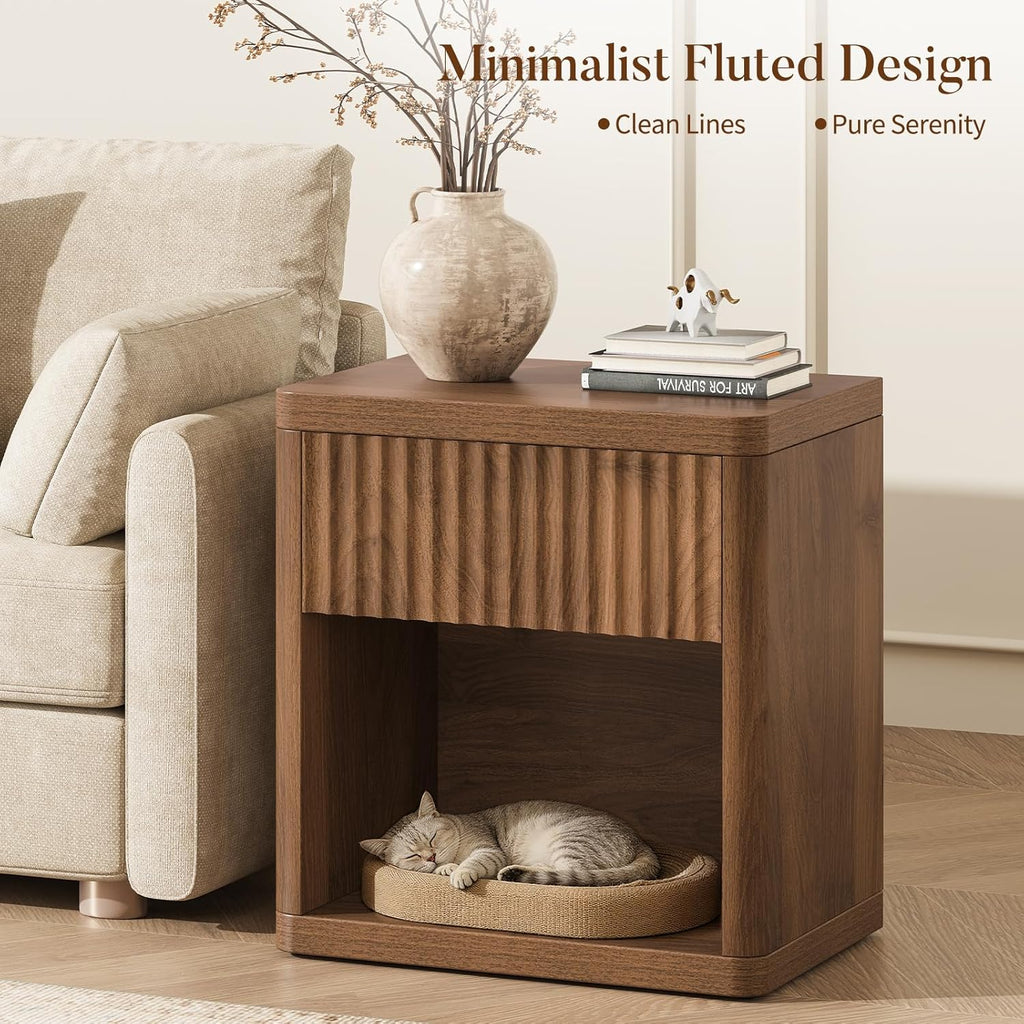 Night Stand Fluted Nightstand with Drawers, Wood Bedside Table End Tables, Large Storage Nightstands, Mid Century Modern Night Stands for Bedroom, Walnut