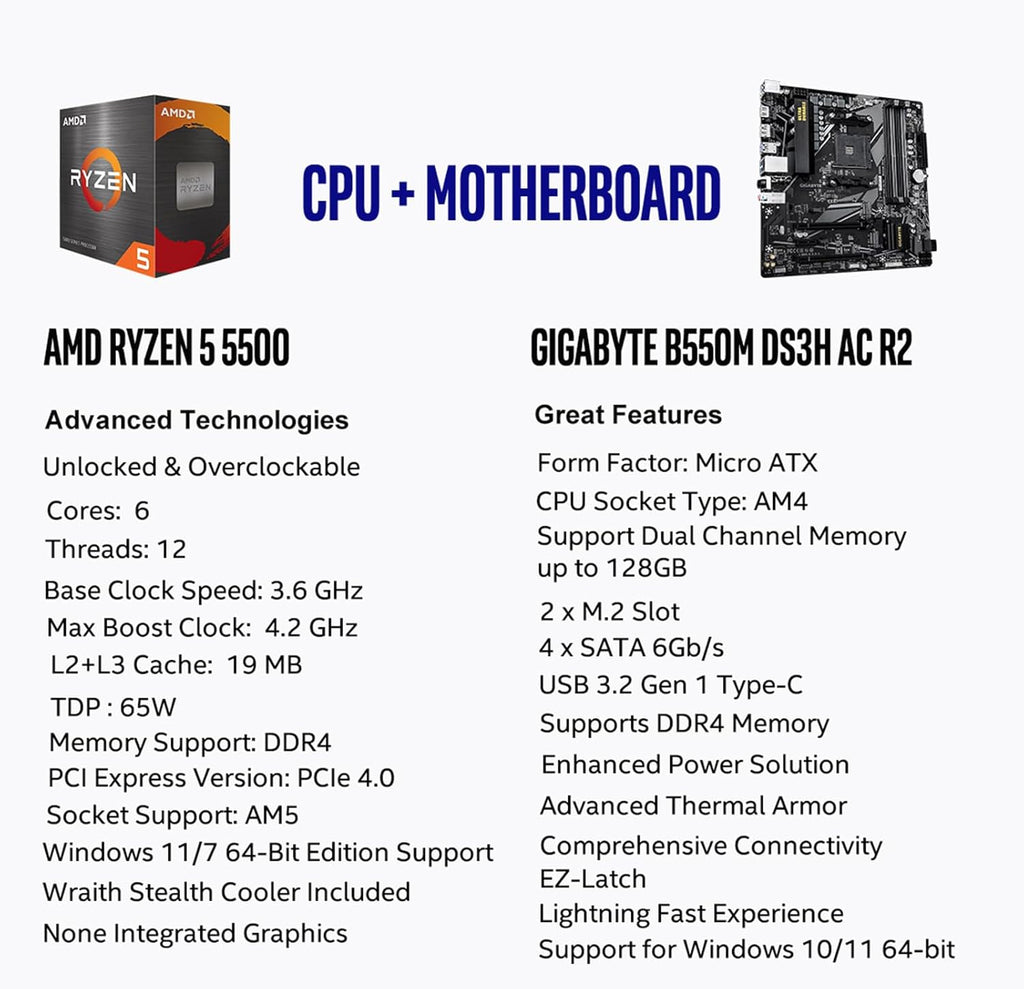 MICRO CENTER AMD Ryzen 5 5500 Desktop Processor with ASRock A520M-HDV AM4 DDR4 Motherboard