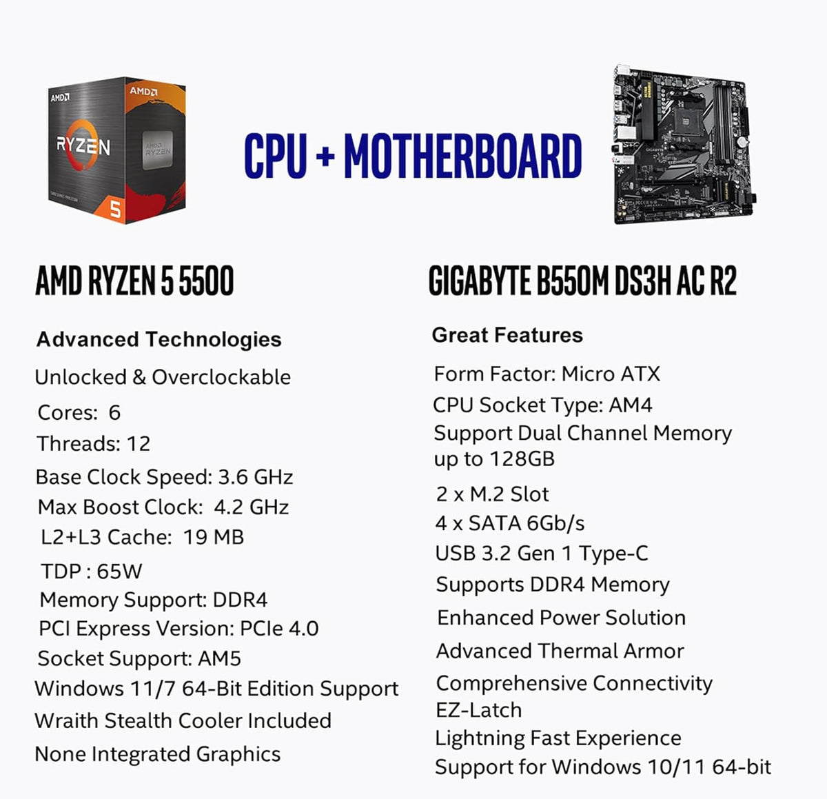 MICRO CENTER AMD Ryzen 5 5500 Desktop Processor with ASRock A520M-HDV AM4 DDR4 Motherboard