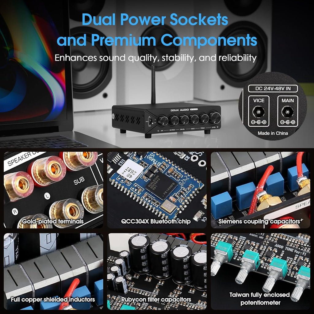DoukAudio 2.1 Channel Bluetooth Amplifier: 600W Stereo + 300W Subwoofer Output Bass & Treble Control for Home Theater | Dual TPA3255 aptX-HD | Living Room Desktop | Audiophiles Holiday (NS-14G-PRO)