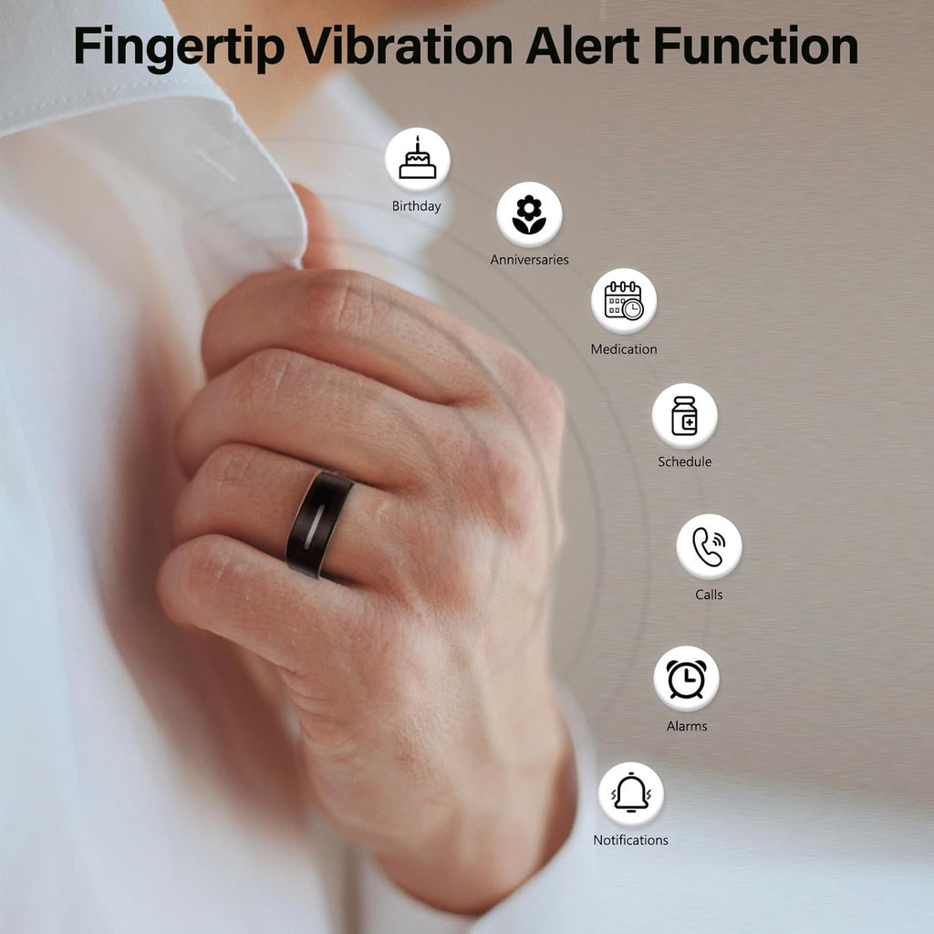 Smart Ring for Men/Women – Vibration Alerts, Ceramic & 316L Steel Sleep/Heart/SpO2/Activity Tracker, No Subscription, IP68 Waterproof, Touch Control, iOS/Android(Black, 8)