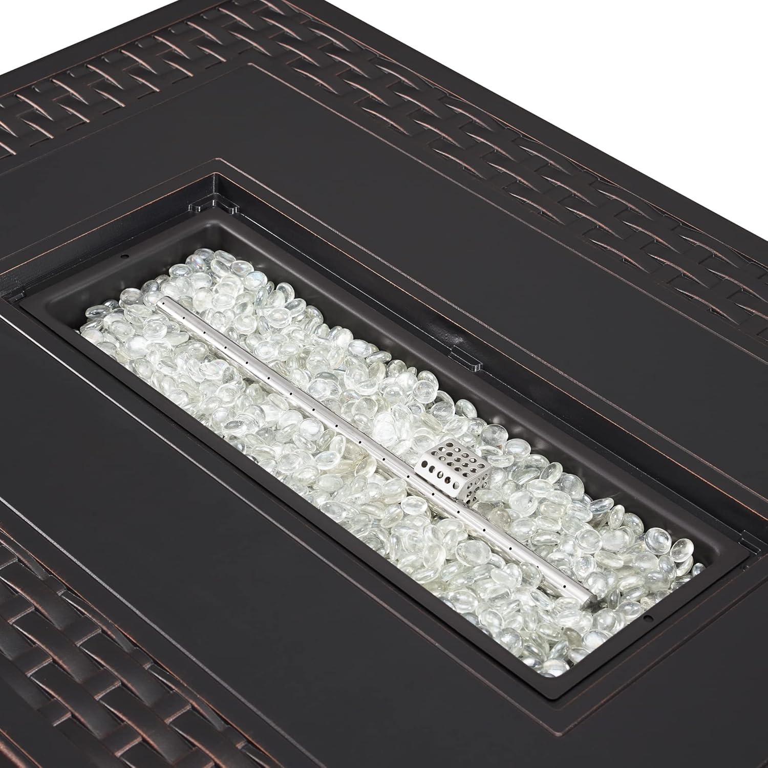 Fire Sense 63699 Albany Woven Aluminum Convertible Gas Fire Pit Table 45,000 BTU Multi-Functional Outdoor Firepit with Fire Bowl Lid Nylon Cover & Clear Fire Glass - Bronze Finish - Rectangular 44"