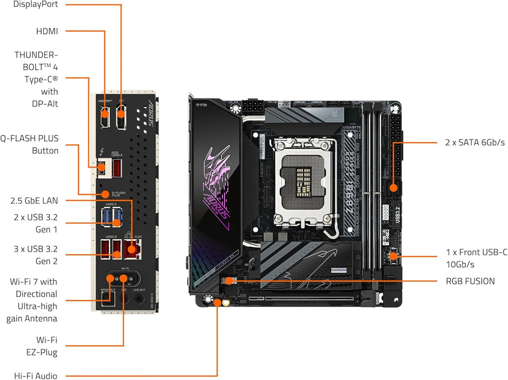 GIGABYTE Z890I AORUS Ultra Ultra Core (Series 2) LGA 1851, Mini-ITX, DDR5, 2X M.2, PCIe 5.0, Thunderbolt 4, WIFI7, 2.5GbE LAN, EZ-Latch