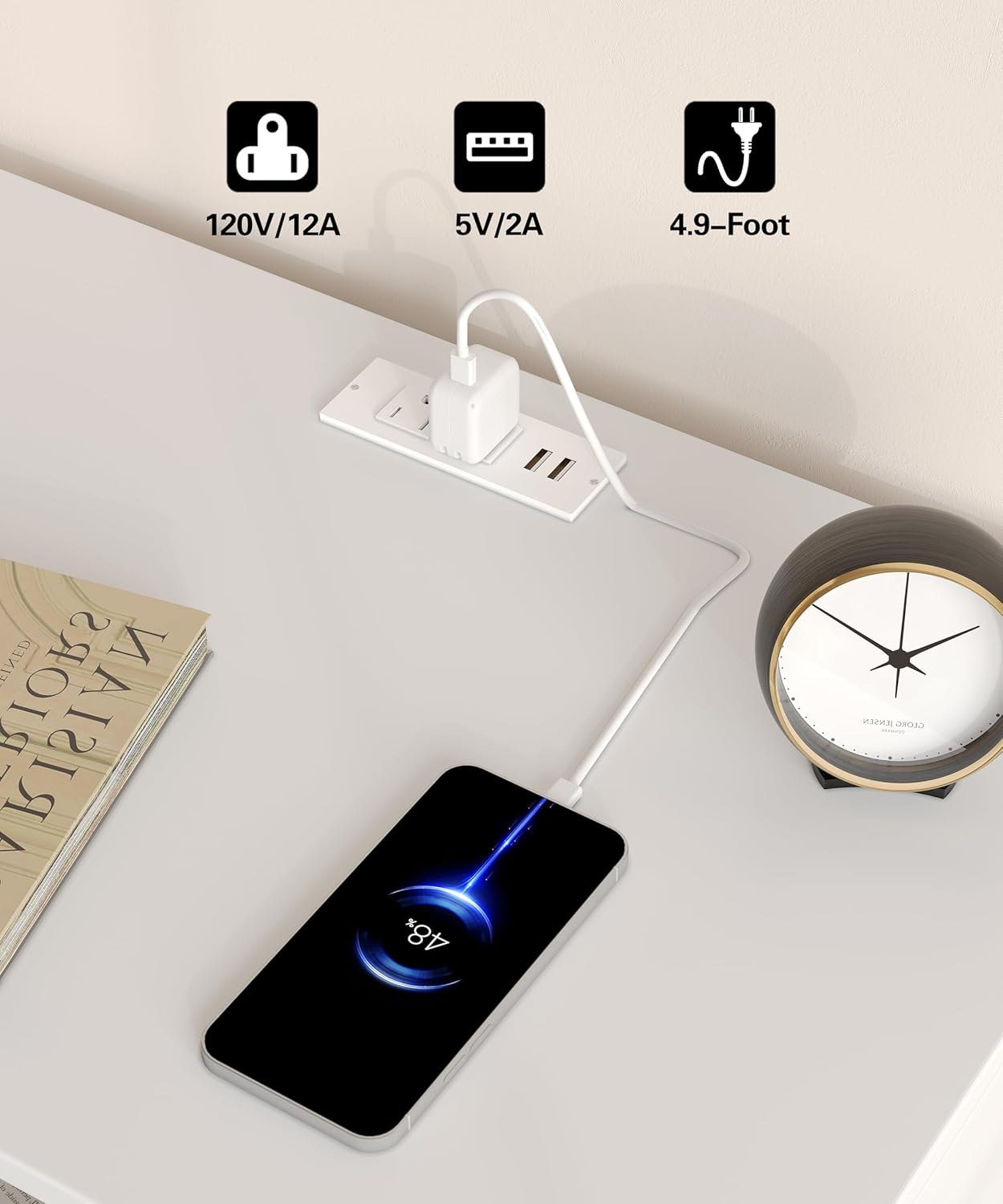Akxomel White Nightstand Set of 2, Fluted Night Stand with Charging Station, 13.8" D x 15" W x 23.2" H, 2 Drawers Modern Bedside Table with USB Ports and Outlets, Golden Side Table for Bedroom