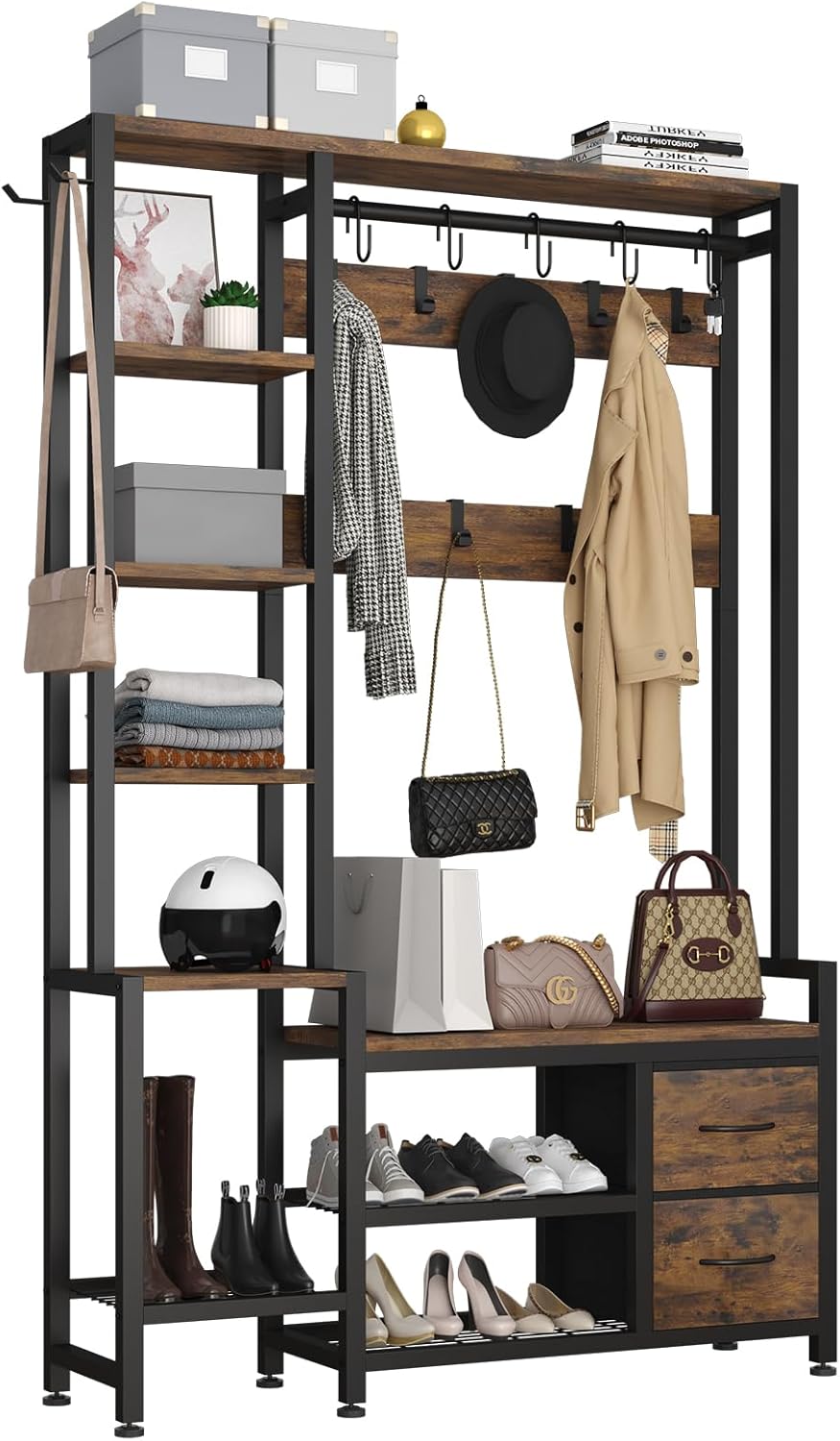 Hall Tree for Entryway 43", Bench with Shoe Storage, Large Coat Rack Shoe Bench with 5 Tier Shelves, 5 in 1 Design Front Door Shoe Rack and Wall Rack Hooks, and 2 Drawers (Rustic Brown)