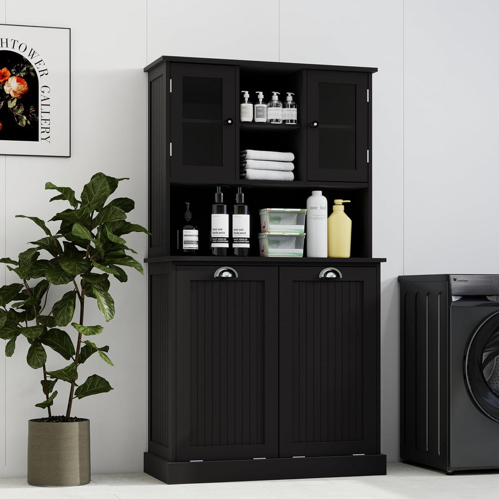 Laundry Hampers 2-Compartment Tilt-Out Laundry Basket Cabinet – Tall Bathroom & Laundry Storage w/ 2 Adjustable Shelves, Space-Saving Durable MDF Organizer for Home, Apartment (Black)