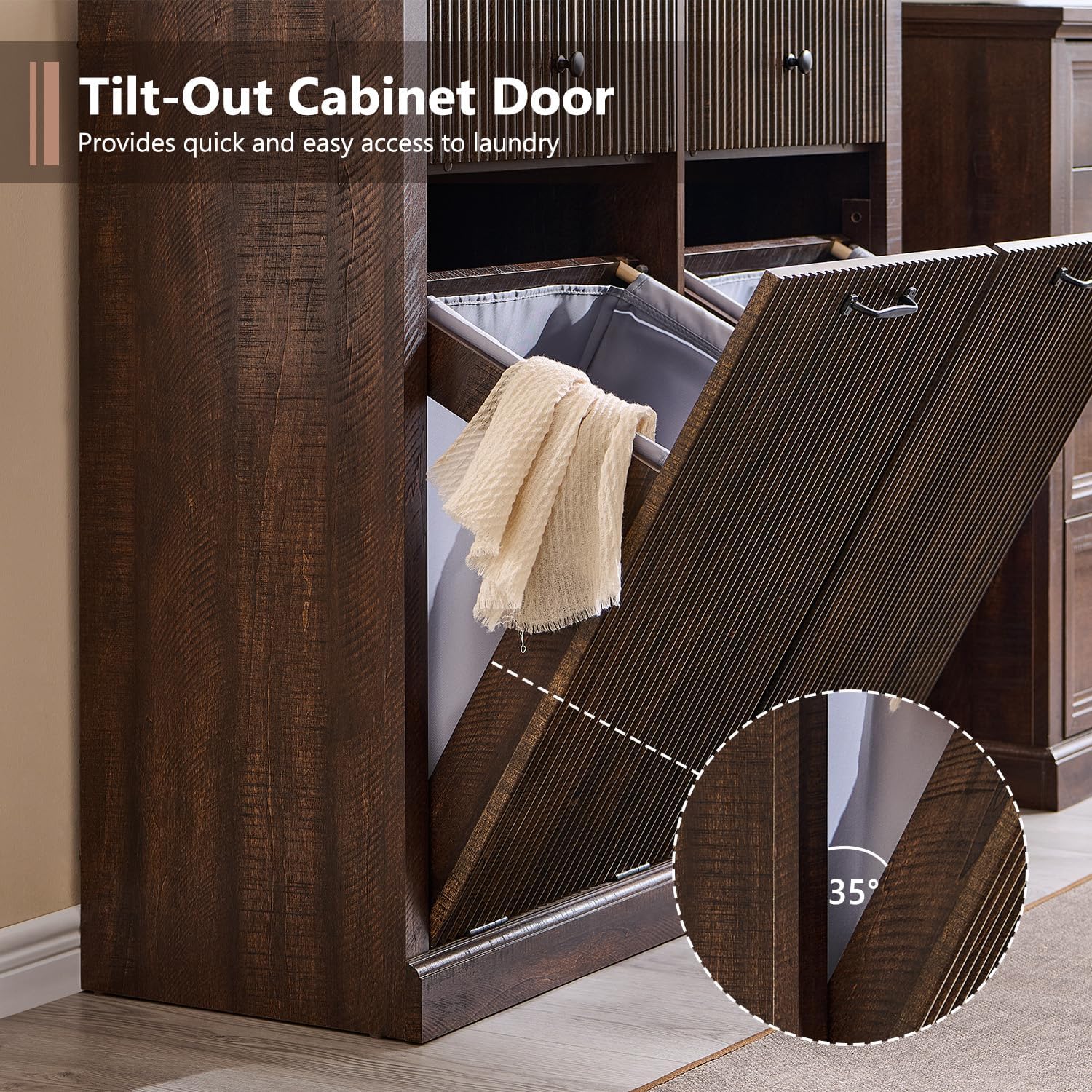 IFBUY Modern Double Tilt-Out Laundry Hamper Cabinet, 20 Gallon Fluted Trash Can Cabinet w/2 Drawers, Wooden Hidden Garbage Can Cabinets w/Laundry Basket, Free Standing for Bathroom and Kitchen, Brown