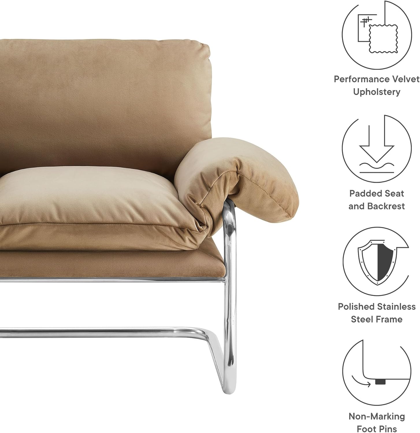 Modway Ansel Performance Velvet Accent Chair in Taupe - Stain-Resistant Velvet Lounge Chair for Living Room, Bedroom - Corner Reading Chair with Arms and Removable Cushions