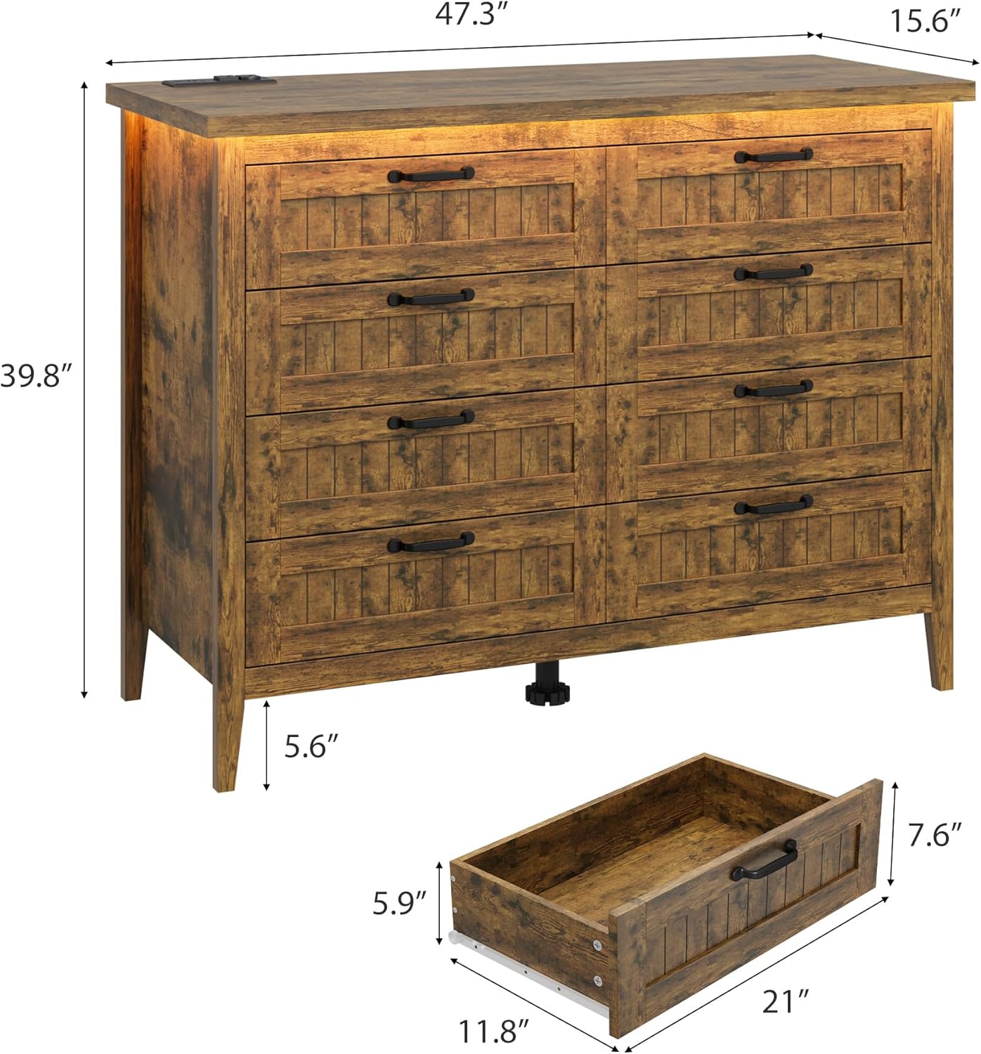 Garvee Rustic Brown Dresser for Bedroom, 8 Drawer Dresser with LED Lights and Power Outlet, Closet Dressers Chests of Drawers, Double Wooden Dressers for Entryway, Hallway