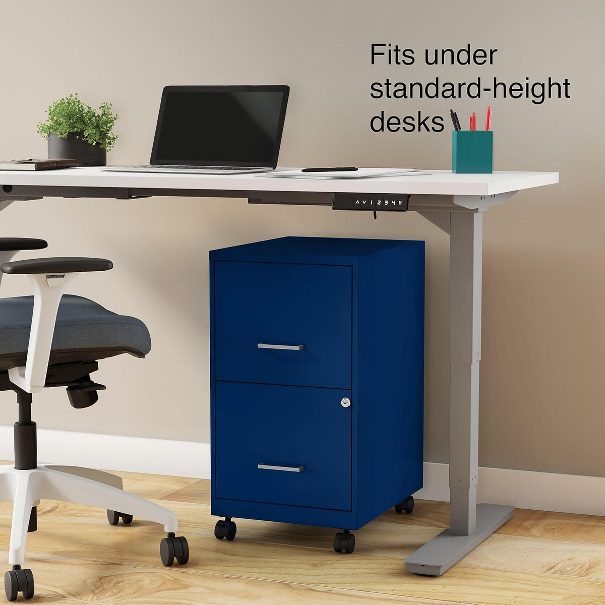 STAPLES 2-Drawer Vertical File Cabinet, Letter Size Documents, Lockable & Mobile, 18" D x 14" W x 26.3" H, Blue